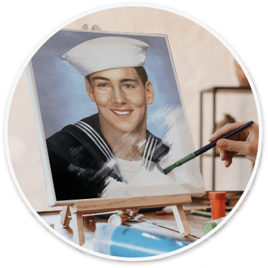 An artist hand-painting the vintage portrait on an easel